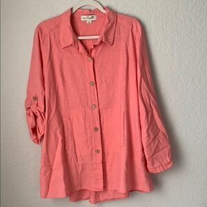 Simple Noelle Women’s Linen Blend Pink Tunic Roll Tab Sleeves Pockets Size L/XL